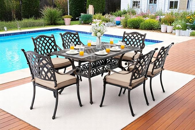 𝗔𝗶𝗹𝗶𝘀𝗺𝗮𝗶𝗹 7 Piece Outdoor Dining Set Cast Aluminum Retro Patio Dining Set for 6 includes 59” Rectangular Table and 6 Chairs with Thicker Cushions and Umbrella Hole for Patio Deck Garden
