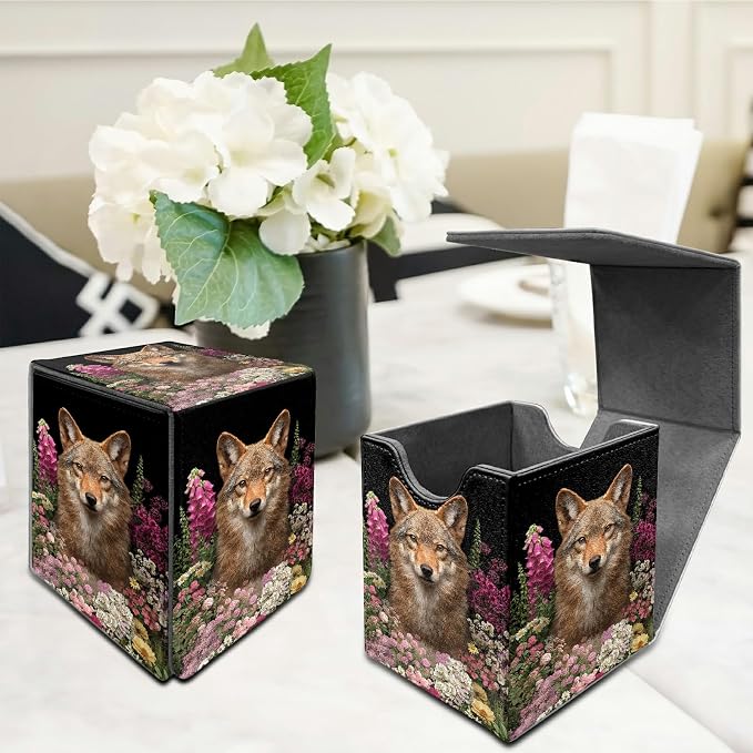 Flower Wolf Card Deck Box for MTG, Personalized Card Storage Case Fits 120+ Sleeved Cards, Premium Leather TCG Box with Strong Magnetic Closure for Magic, CCG, PTCG, Baseball Cards