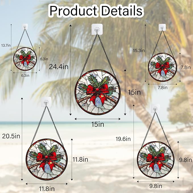 DASTOLL Stained Glass Window Hanging - Pine Branches Red Bow Suncatcher for Doors Home Christmas Decoration Silver Sun Catcher Thanksgiving New Year Birthday Gifts for Women Men Mom Nana 15 in