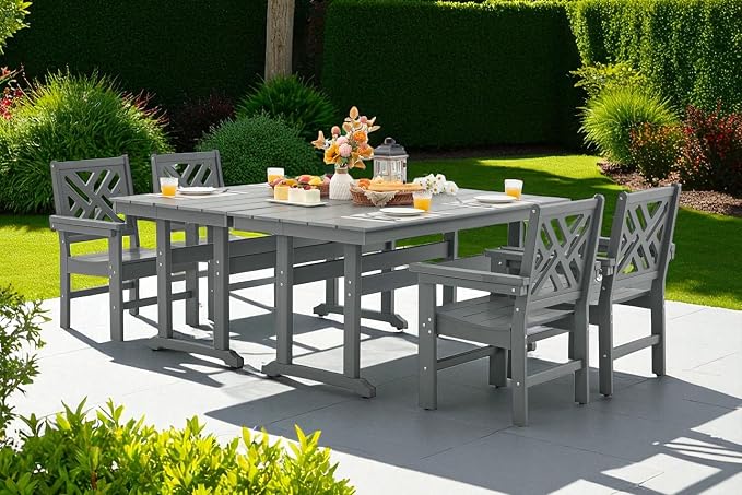 HDPE Outdoor Dining Set,6-Piece Outdoor Table and Chairs Include 4 Dining Chairs and 2 Pcs 62.5" Patio Dining Table with Umbrella Hole (Gray)