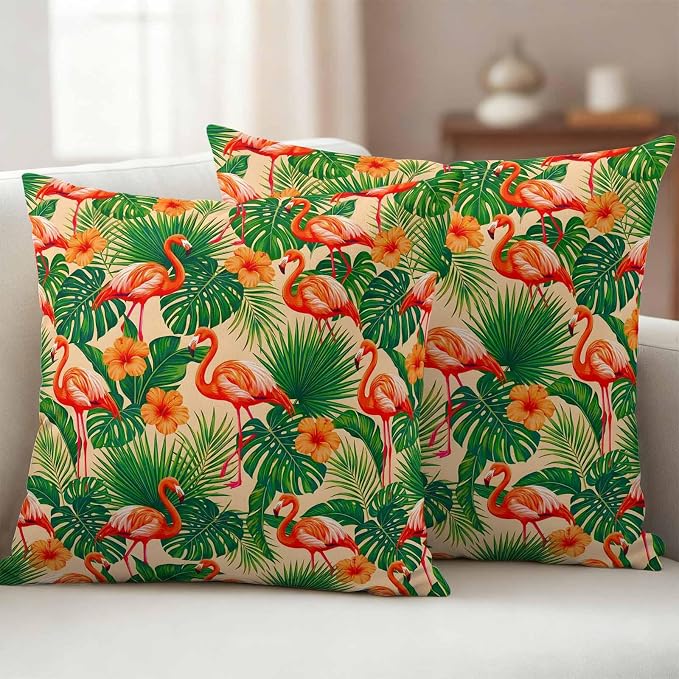 Red Flamingos Outdoor Pillow Covers 24"x24" Set of 2, Jungle Plants Hibiscus Flower Green Leaf Botanical Waterproof Throw Pillow Covers for Patio Furniture, Decorative Cushion Covers for Porch