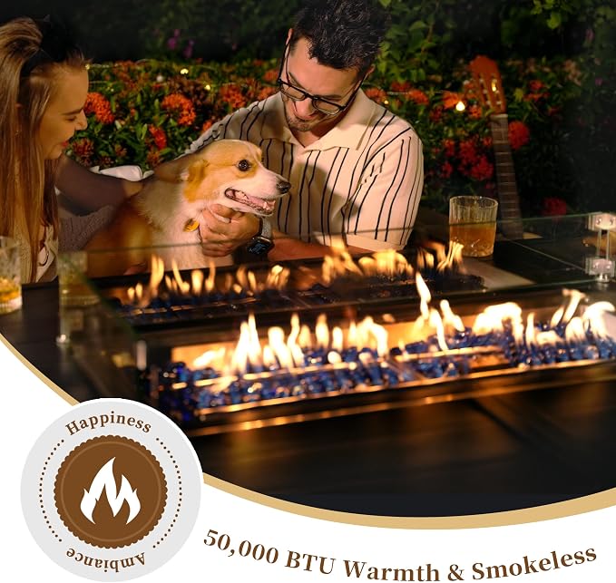 PIZZELLO 7 Pieces Patio Furniture Set w/ 60" Gas Fire Pit Table and 6 HDPE Patio Dining Chairs, Outdoor Conversation Set 50,000 BTU Aluminum Propane Fire Pit Patio Chairs Set of 6 for Backyard