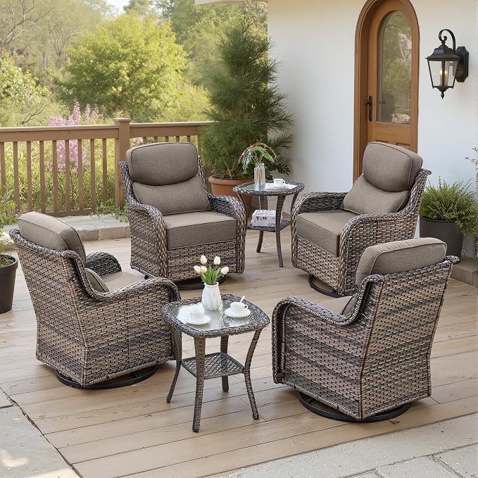 Belord Luxury 6" Thick Cushioned Outdoor Swivel Rocker Patio Chairs Set of 4 with Side Table, High Back Wicker Furniture Set with Ergonomic Zone Back, Conversation Set for Deck Porch - Grey+Grey