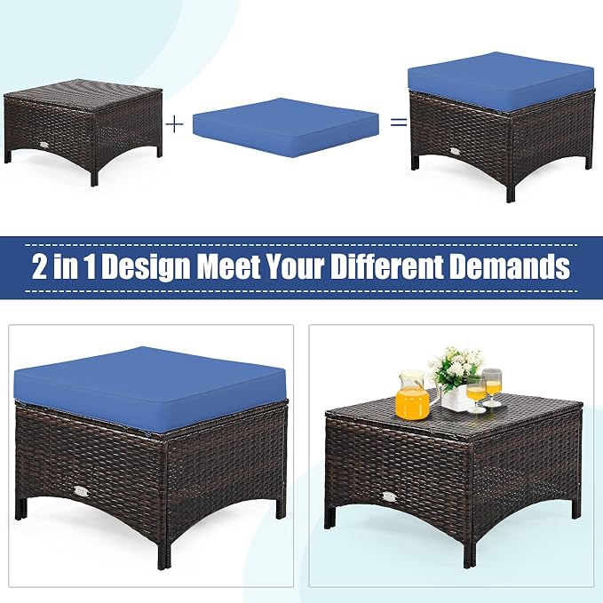 COSTWAY 5PCS Patio Wicker Rattan Furniture Set, Loveseat Sofa with Ottomans and Cushioned Chairs, Conversation Sets for Outdoor Garden Backyard
