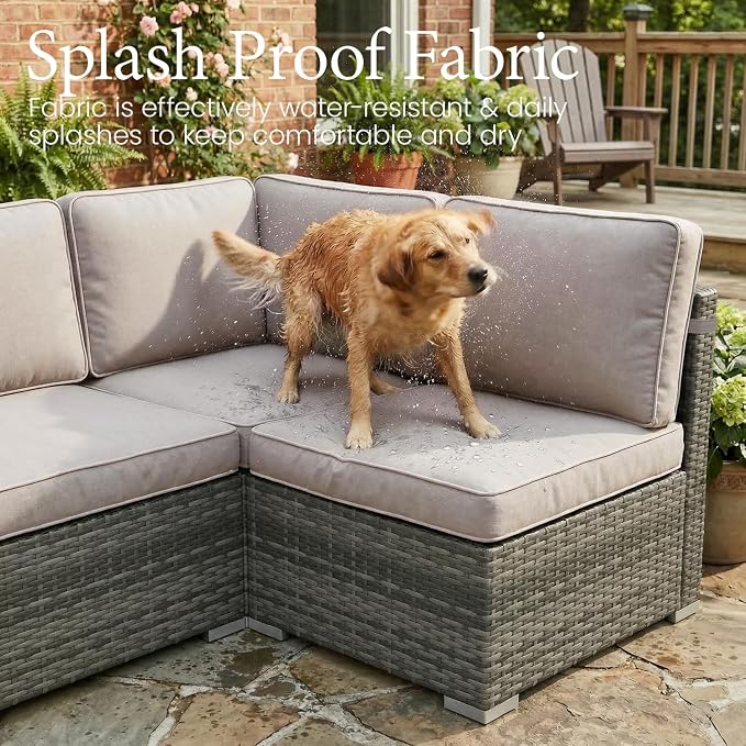 LayinSun 8 Piece Patio Furniture Set with 44" Propane Gas Fire Pit Table, Outdoor Sectional Conversation Set Wicker Rattan Sofa Set with Coffee Table