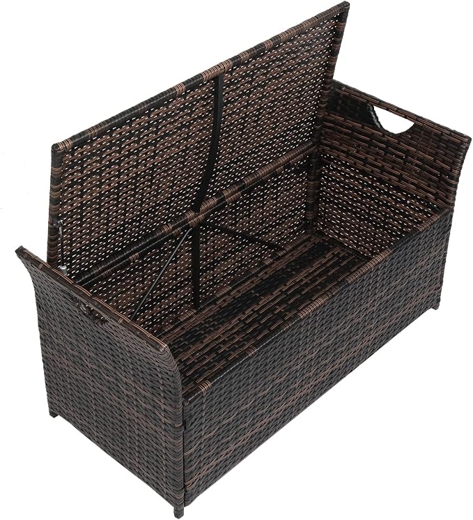 33 Gallon Outdoor Wicker Storage Bench with Cushion, Rattan Storage Box, 2-in-1 Large Capacity Rectangle Garden Storage Box Wicker Deck Box with Handles＆Seat for Backyard, Balcony, Poolside (Brown)