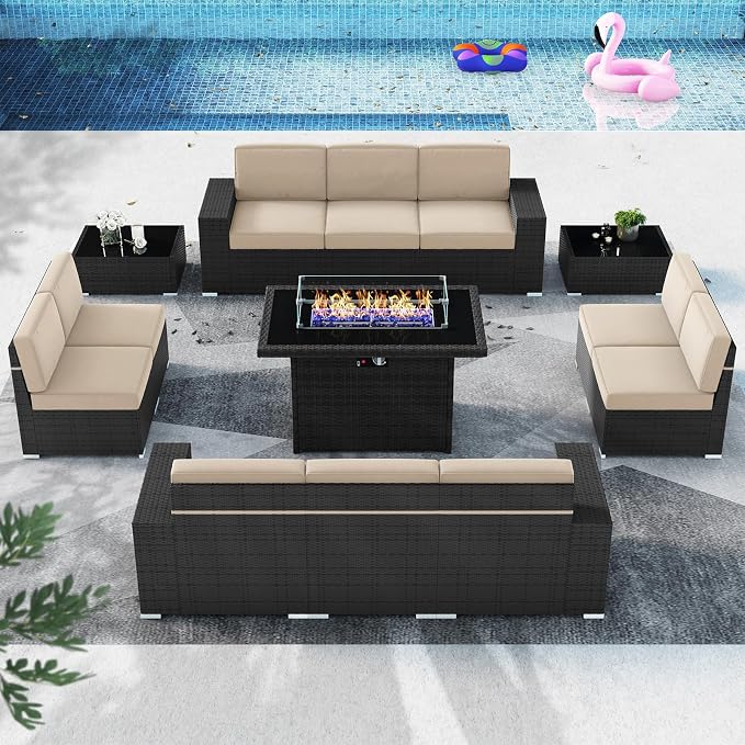 13 Pieces Patio Furniture Set with 44" Propane Gas Fire Pit Table, Outdoor Sectional Wicker Conversation Sofa Sets with Coffee Table