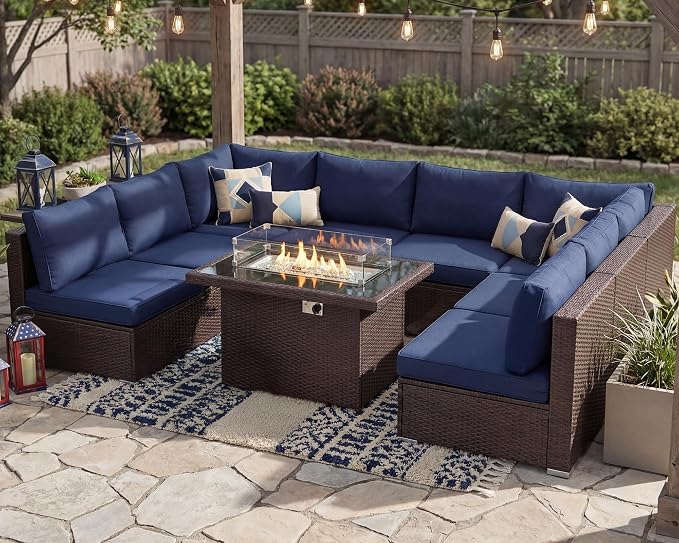 BULEXYARD 9 Piece High Back Outdoor Sectional Couch Set with Fire Pit, Luxury Weather-Resistant Patio Furniture Set, Large Size 8-Person Backyard Seating Group L-Shape for Exterior, Brown & Navy Blue
