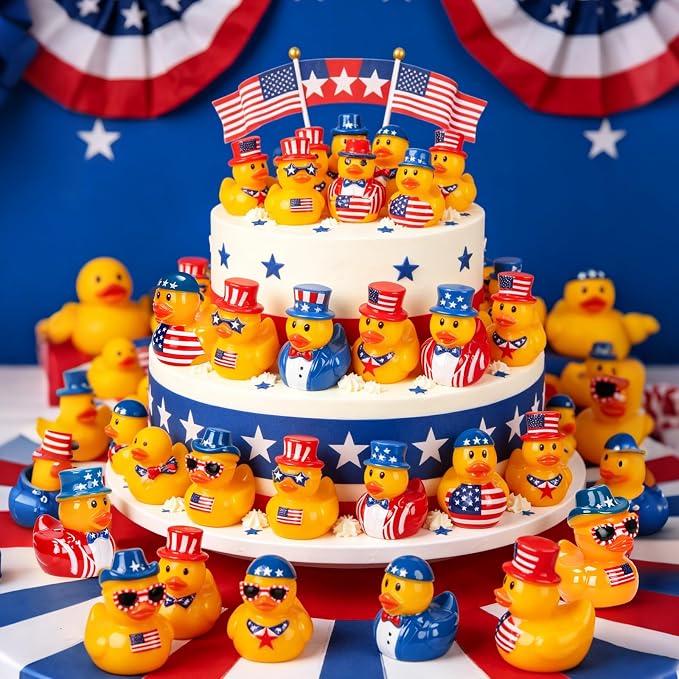 120 Pcs Patriotic Mini Resin Ducks 6 Style Bulk Tiny Duck Figurines 250th Anniversary Independence Day Decorations 4th of July Patriotic Ducks for Party Favors DIY Crafts and Desk Decor