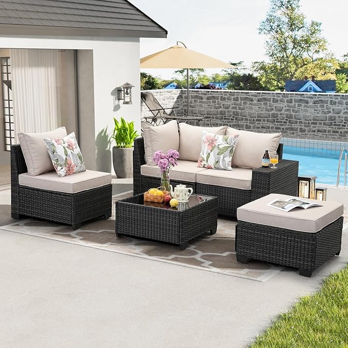 Jing's Villa 5-Piece Patio Furniture Set, All-Weather Outdoor Wicker Sectional Sofa with Cushions, Tempered Glass Table & Ottoman, Rattan Conversation Seating for Porch, Garden, Backyard,Beige