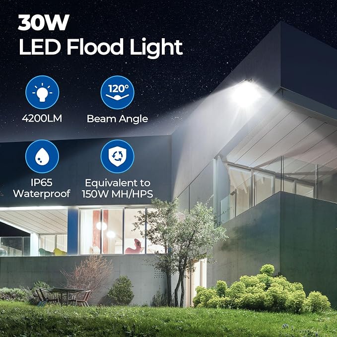 CINOTON 30W 4200LM LED Flood Lights Outdoor, 5000K, ETL Listed, 1 Pack | IP65 Waterproof Exterior Security Wall Pack with 180°Knuckle, 100-277V Outside Aluminum Fixture for Court Porch Patio Garage