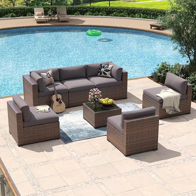 Aoxun 7 Piece Patio Furniture Set Wicker Rattan Patio Conversation Set Outdoor Sectional Sofa Set with Coffee Table and Thickened Cushions, Grey