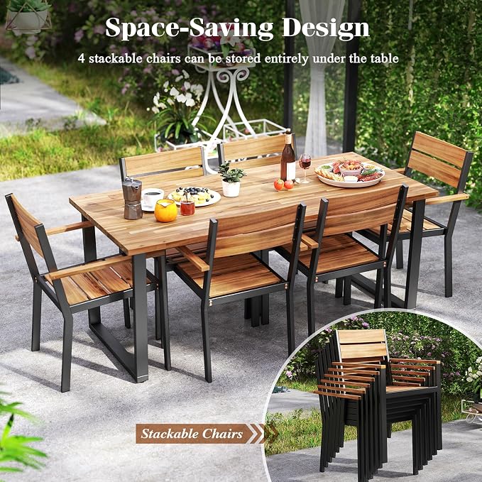 Tangkula 7 Pieces Patented Wood Outdoor Dining Set with Umbrella Hole, Heavy Duty Acacia Armrest Chairs and Rectangle Table Set for 6, Suitable for Deck Lawn Garden Poolside and Backyard