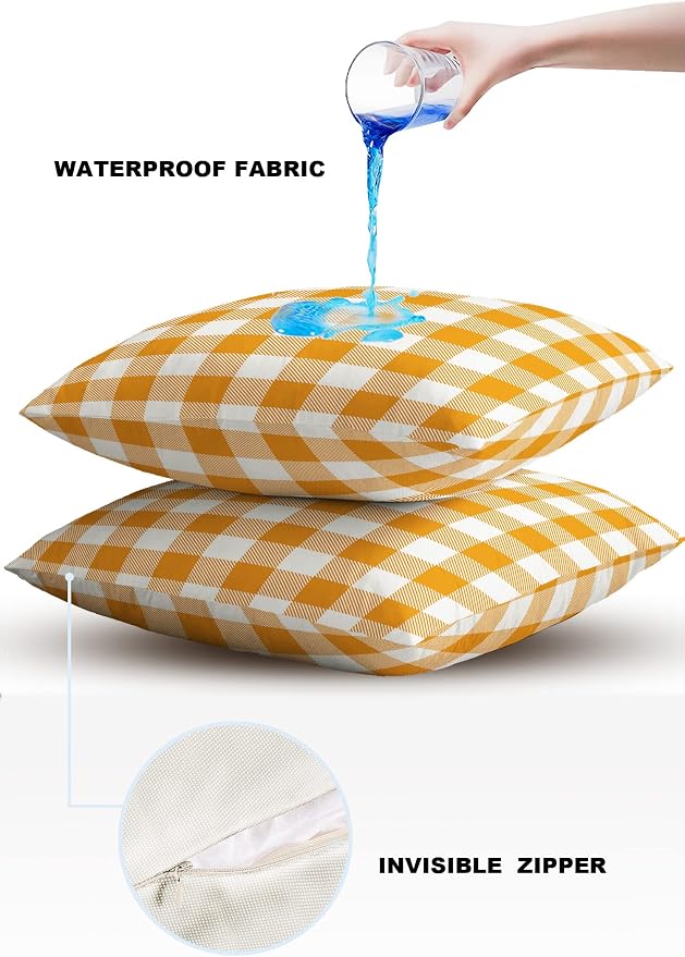 Outdoor Waterproof Throw Pillow Covers Set of 2 Orange Buffalo Check Plaid Pillowcases 24x24 Inches Farmhouse Style Patio Decorative Pillows Cushion Case Patio Pillows for Couch Bed Chair Garden