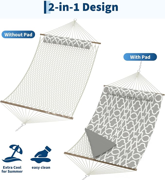 Garvee 2 Person Outdoor Hammock with Stand, Cotton Rope Hammock with Polyester Pad, Adjustable Steel Frame, 2-in-1 Hammock for Patio, Backyard, Garden, Beach（Light Gray Stripes）