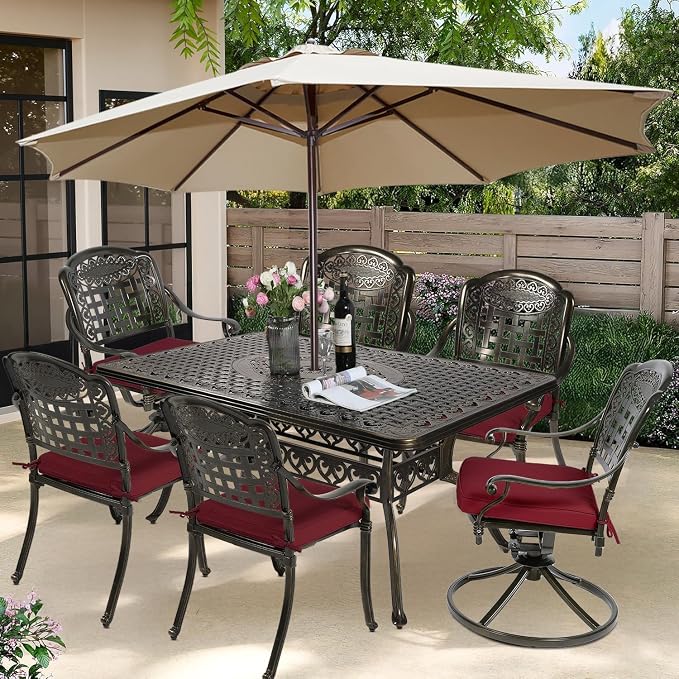 7-Piece Outdoor Patio Dining Set, 60” Rectangular Cast Aluminum Dining Table with Umbrella Hole and 4 Stationary, 2 Swivel Rocker Chairs, 6 Cushioned, Backyard, Patio, Garden, Red