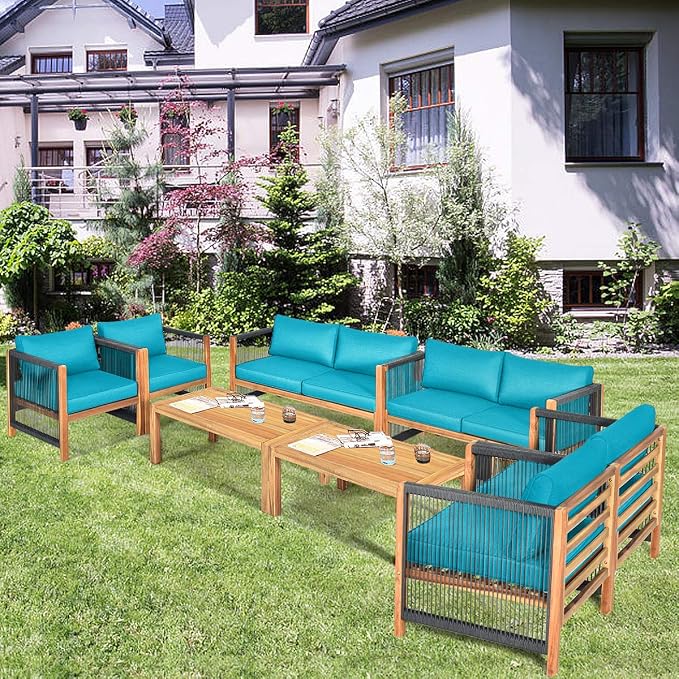 Tangkula Outdoor Wood Furniture Set with 2 Set Cushion Covers, 8 Pieces Cushioned Patio Conversation Set, for Garden Balcony Poolside Outdoor Living (2, WH-TU)