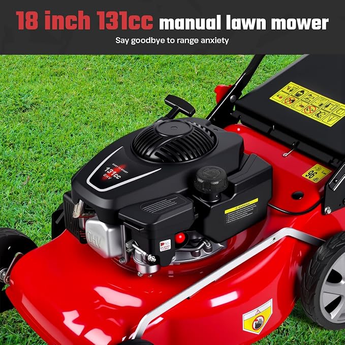 131cc Foldable Gas Lawn Mower, Self-Propelled Rear-Wheel Drive, 18 Inch Cutting Width, 50L Grass Bag, 3-in-1 Mulching/Side Discharge/Rear-Bagging, Lightweight Push-Button Start Mower