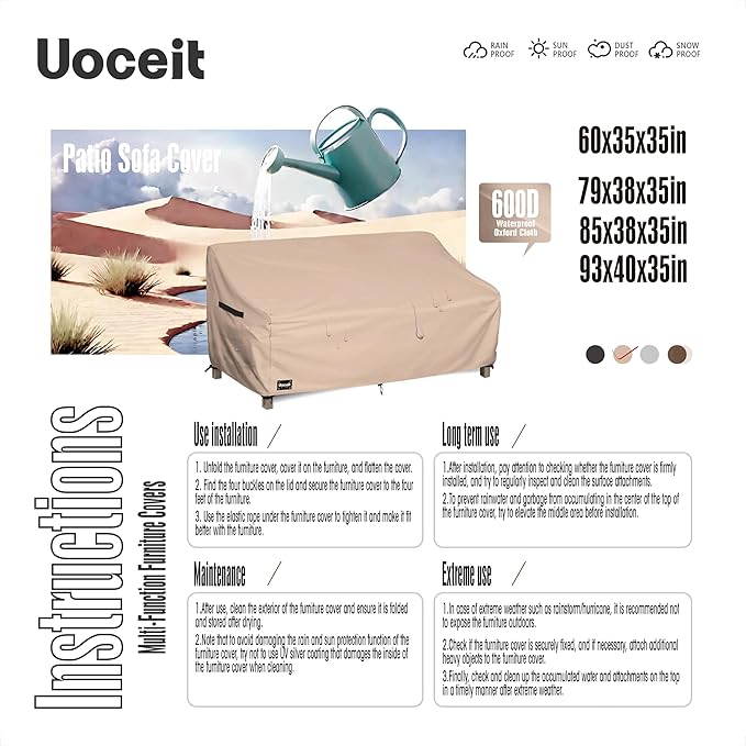 3-Seater Outdoor Couch Cover, 93Wx40Dx35H inches Outdoor Furniture Covers Waterproof，100% Waterproof Heavy Duty Patio Furniture Covers,Light Brown Minimalist Style Outdoor Sofa Cover.