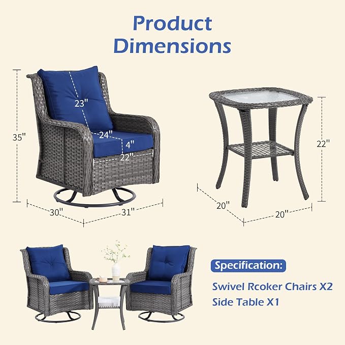 Wumiokio Patio Furniture Sets, 3 Pieces Wicker Outdoor Furniture - 360 Degree Swivel Rocking Chairs and Rattan Side Table for Garden,Porch,Backyard (Grey Wicker/Blue Cushion, 3PCS - Swivel Chairs)