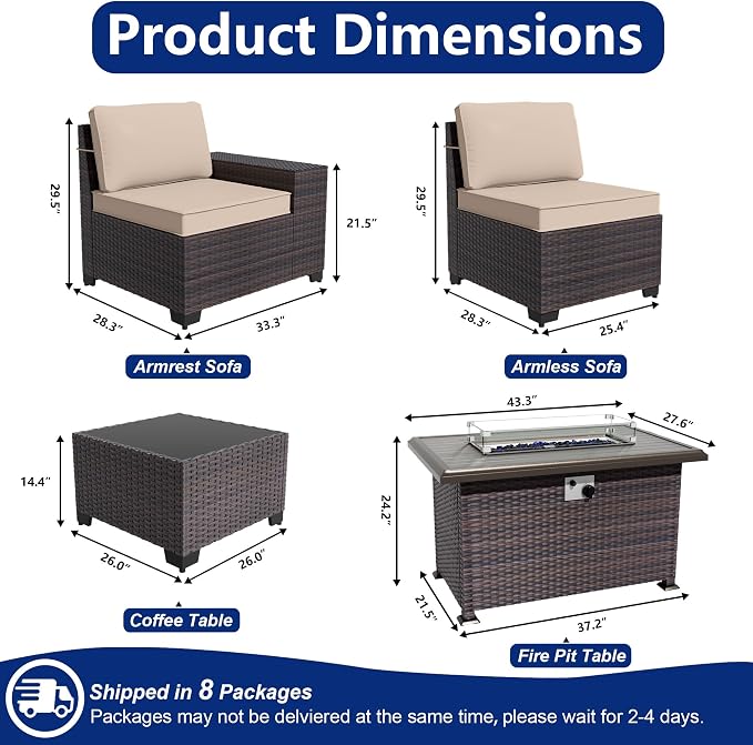 Outdoor Patio Furniture Set with Gas Fire Pit Table, 13 Pieces Outdoor Furniture Set Patio Sectional Sofa w/43in Propane Fire Pit, PE Wicker Rattan Patio Conversation Sets (Sand)