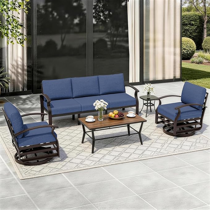 ALAULM Aluminum Patio Furniture Set with Coffee Table Rectangular, 5-seat Outdoor Sectional Furniture w/2 Swivel Chairs, Patio Conversation Set for Porch, Backyard, Poolside-Dark Blue