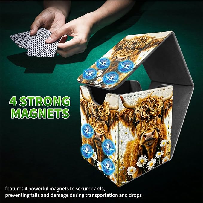 Deck Box for MTG, Cards Storage Box Fits 120+ Sleeved, Leather Medium Size Strong Magnetic Closing Card Case for Board Games Magic TCG CCG Baseball Collection, Flower Yellow Cow