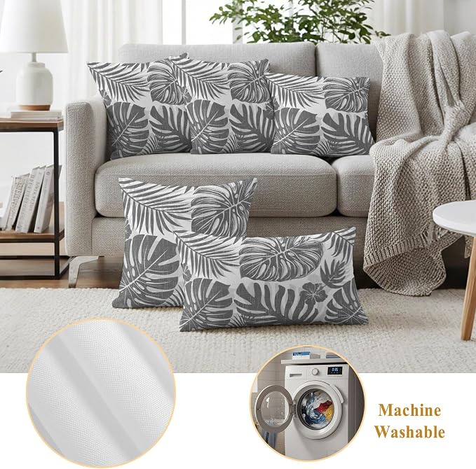 Grey Palm Leaves Outdoor Pillow Covers 24"x24" Set of 2, Tropical Botanical Minimalist Modern Waterproof Throw Pillow Covers for Patio Furniture, Decorative Cushion Covers for Porch