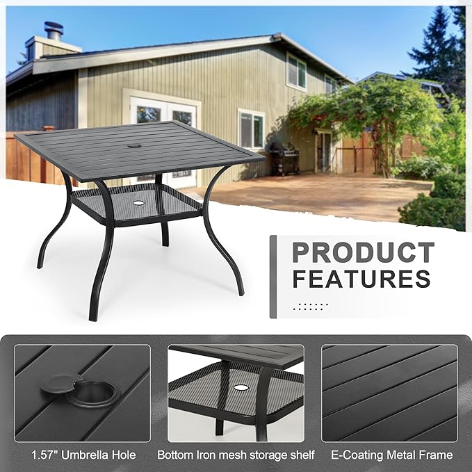 Crownland 5 Piece Patio Dining Set, Textilene Dining Sets, 4 Textilene Metal Chairs and Square Outdoor Dining Table with Dark Blue 9FT Round Outdoor Umbrella (Black)