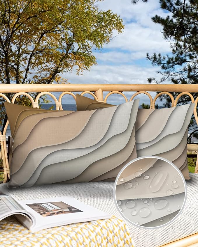 Funy Decor Waterproof Outdoor Throw Pillow Cover Brown Modern Geometric Lumbar Pillowcases Set of 2 Abstract Beach Decorative Patio Furniture Pillows for Couch Garden 20 x 12 Inches