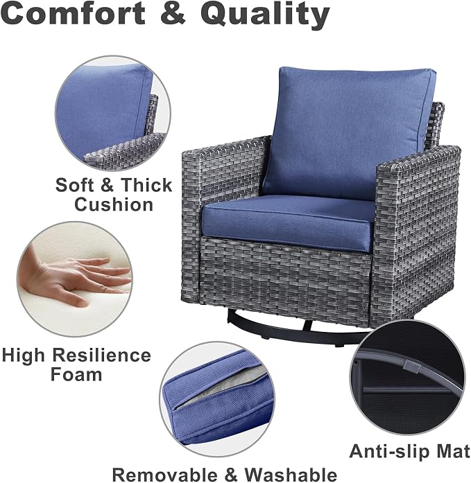 Belord 7 Piece Outdoor Furniture Patio Wicker Sofa Set, Oversize Outdoor Swivel Rocker Chairs with Rattan Ottomans, Conversation Sets Patio Furniture Come with Removable Washable Cushion Blue