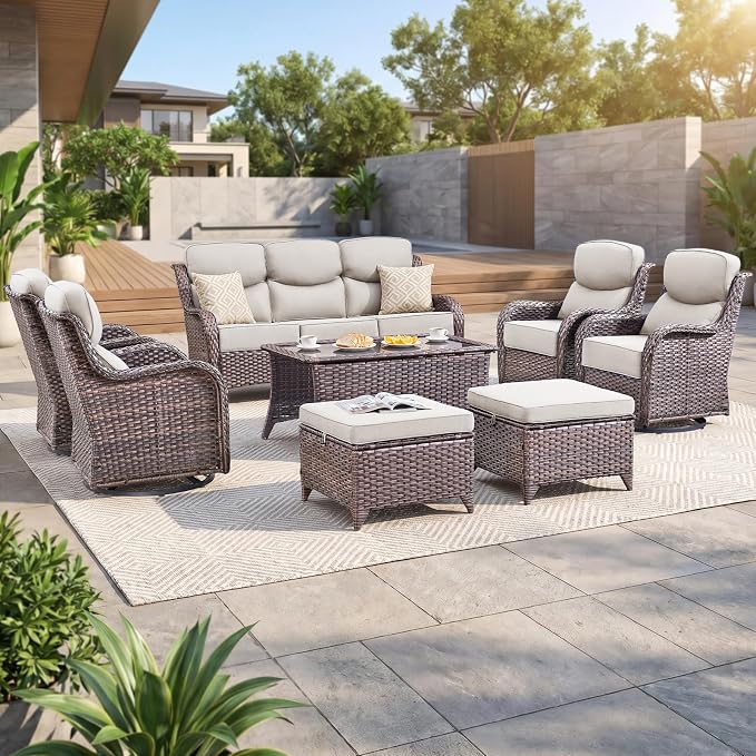 Luxury Swivel Rocker Chair Sofa Set with 6" Thick Cushions,8-Piece Wicker Patio Chair with Coffee Table and Ottoman,Outdoor Comfortable High Back Chair Patio Furniture Set - Brown | Beige