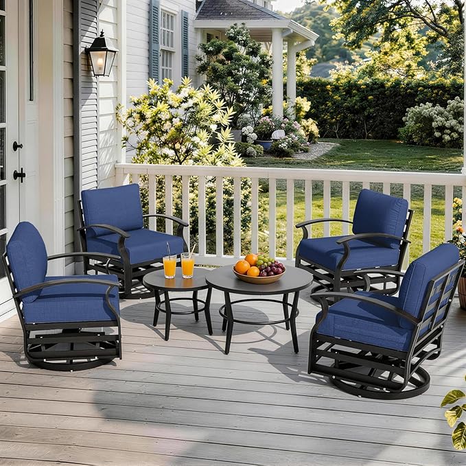 Gotland 6 Piece Patio Set, Aluminum Outdoor Swivel Chairs Set with Round Table 5.1’’ High-Resilience Seat Cushions 29.5" Deep Seating, Metal Patio Furniture Set Patio Conversation Sets, Navy