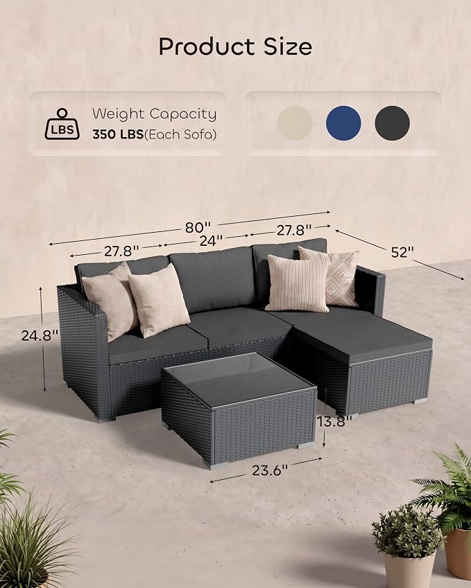 Skyfish Patio Furniture Set - Wide Armrests - All-Weather 5 Piece Outdoor Wicker Sectional Couch with Chaise Lounge,Couch Conversation Set, PE Rattan Sofa for Backyard Porch Poolside Black/Medium Gray