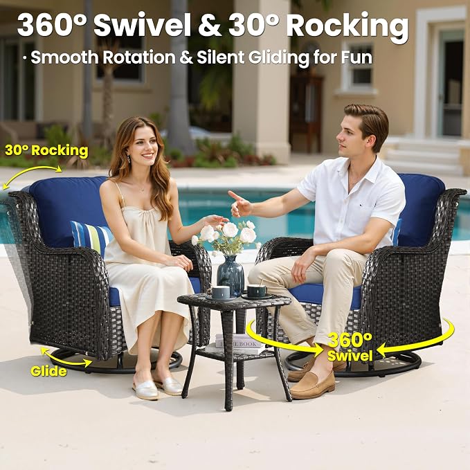 ovios 6-Pieces Patio Furniture Set, Outdoor Wicker Sofa Couch with Swivel Glider Chairs Comfy Cushions, High Back Modern Conversation Set, Brown Rattan, Navy Blue