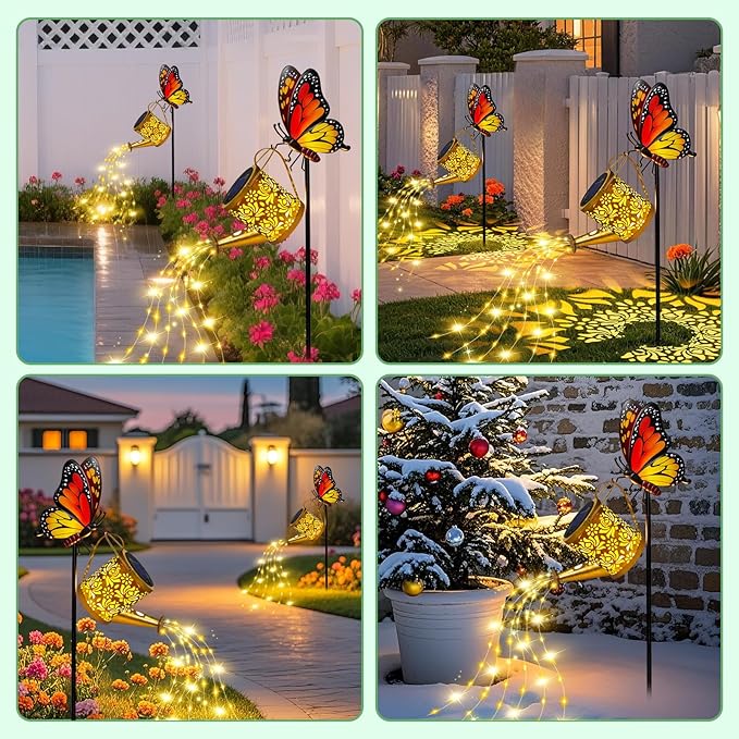 Solar Lights Outdoor Decorative, Watering Can with Cascading LED Lights on Butterfly Shepherd's Hook, Solar Garden Stake Decor for Patio Yard Pathway, Gift for Women Mom
