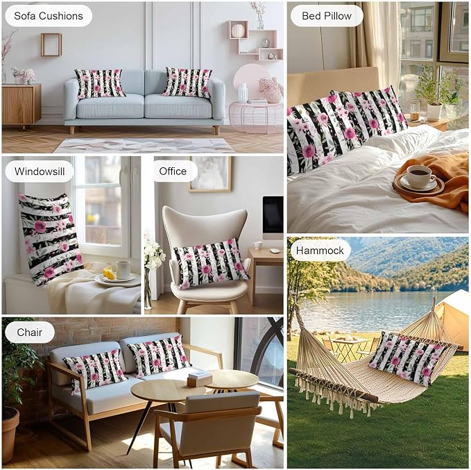 Vandarllin Outdoor Throw Pillows Covers 20x12 inch Set of 2 Waterproof Pink Flowers Decorative Zippered Cushion Covers for Patio Furniture, Floral Leaves Black Stripes Lumbar Pillowcases