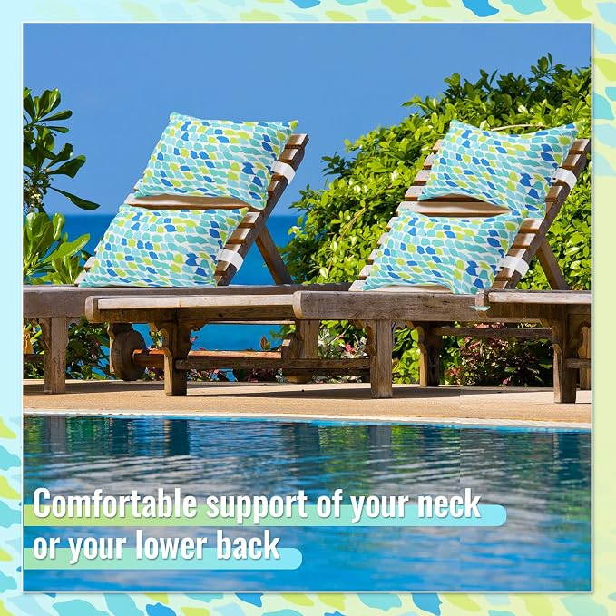 Juexica 2 Pack Chaise Lounge Pillow with Strap Outdoor Waterproof Beach Chair Neck Headrest Pillow Adjustable Elastic Band for Hammock Lumbar Recliner Pillows for Patio Pool Chair(Blue Green Pattern)