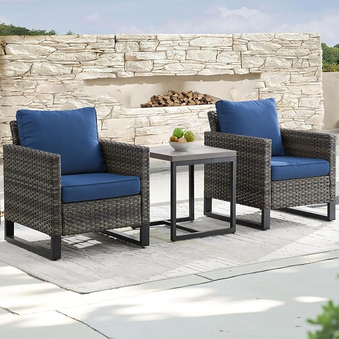 Rilyson Luxury Wicker Outdoor Patio Chairs Set of 2-Classic Rattan Chairs Water Resistant,Comfortable Cushions and Sturdy Metal Frame for Outside Porch Deck Backyard(Mixed Grey/Blue)