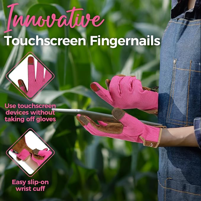 HANDLANDY Gardening Gloves for Women, Leather Garden Glove, Gardener Gift | Breathable Floral Ladies Leather Garden Yard Gloves, for Trimming, Weeding, Digging, Planting, Pruning