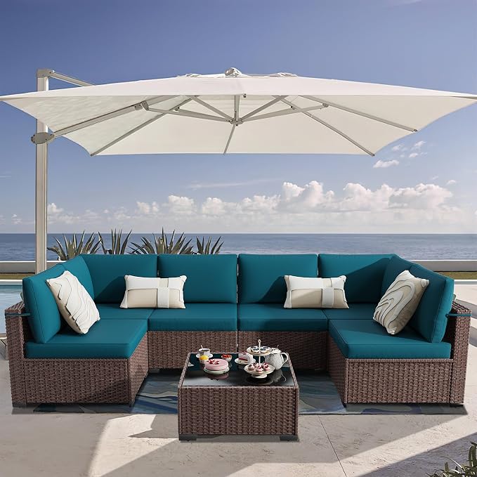 KIGOTY Patio Furniture Set,7 Pieces Modular Outdoor Sectional Sofa, PE Rattan Patio Conversation Set, All Weather Wicker Patio Furniture with Cushions and Coffee Table（Brown/Peacock Blue）