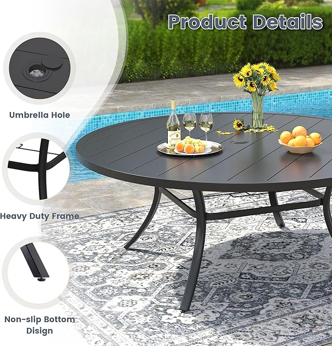 VICLLAX 11 Pieces Patio Outdoor Dining Set, 60" Round Metal Table with Umbrella Hole and 10 Stackable Textilene Chairs for Patio, Lawn, Garden, Porch, Black/Dark Blue