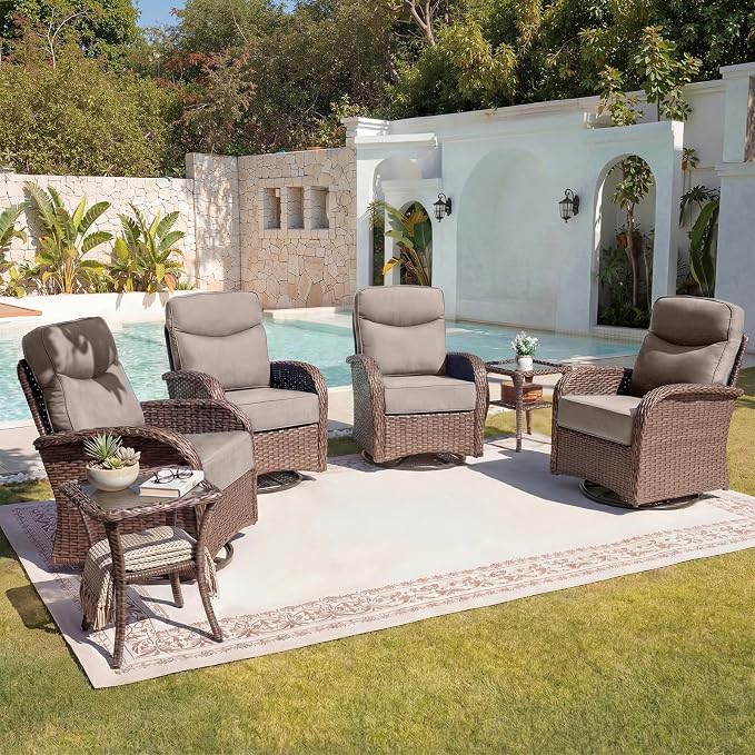 Belord Upgraded 6“ Cushion Luxury 6 Pieces Patio Furniture Set - All Weather Wicker Outdoor Swivel Rocker Patio Chairs of 4 with Side Table, High Back Glider Chairs Set for Deck Porch - Brown/Beige