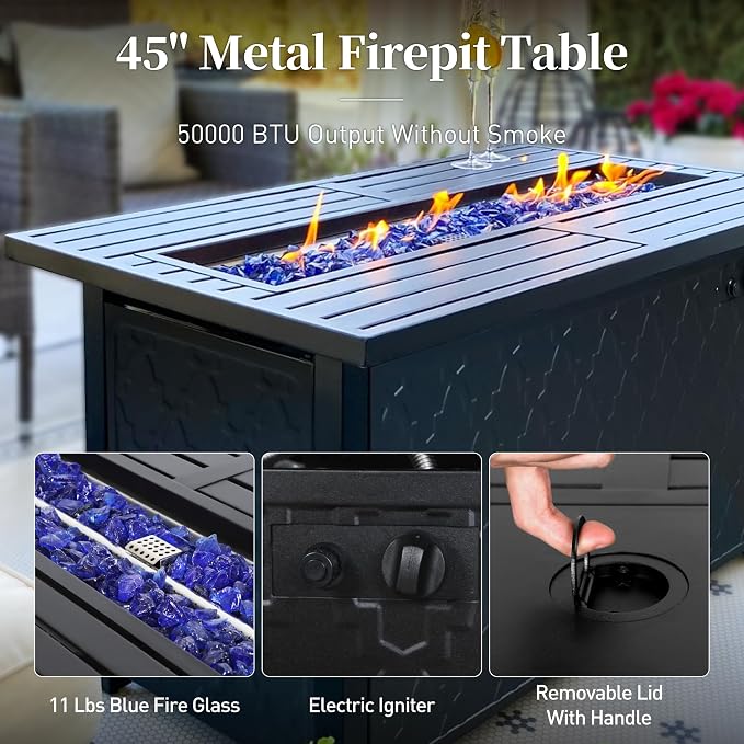 SUNSHINE VALLEY 4 Piece Metal Outdoor Patio Furniture Set with 5000 BTU Firepit Table, Patio Conversation Sets 1 3-seater Sofa, 2 Rocking Chair with 5.75" Thick Cushion, Black Backyard Furniture, Blue