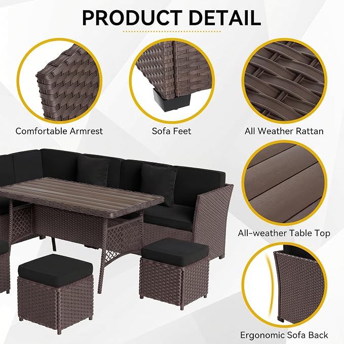 Patio Furniture Set, 7 Pieces Outdoor Dining Sets, All Weather Rattan Conversation Set, Outdoor Dining Sectional Sofa with Large Dining Table, Ottoman (Brown-Black, A-7 Pieces)