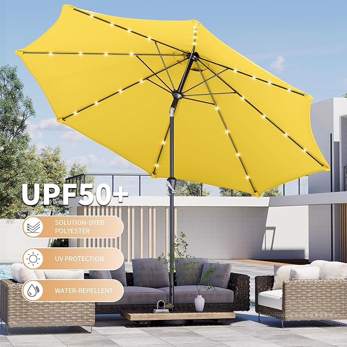 Kingdura 9FT Outdoor Patio Umbrella with Solar Lights, Market Table Umbrella with Push Button Tilt & Crank, 8 Sturdy Ribs, 32 LED Lights, UV Protection for Garden Lawn Deck Backyard Pool (Yellow)