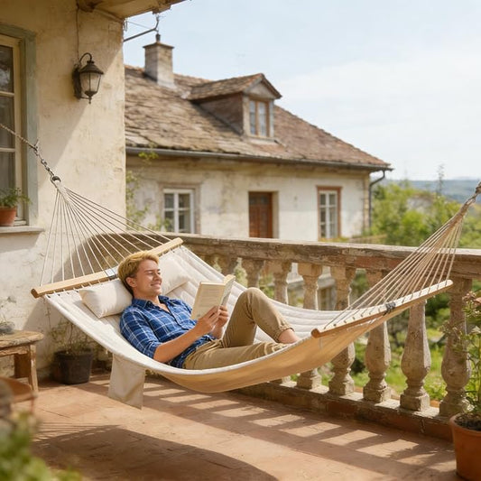 Double Hammock with Spreader Bars Cream for Outdoor Patio Garden | Quilted Polyester Extra Wide 2 Person Hammock Beechwood Spreader Bars Detachable Pillow Pocket and Hanging Kit Included