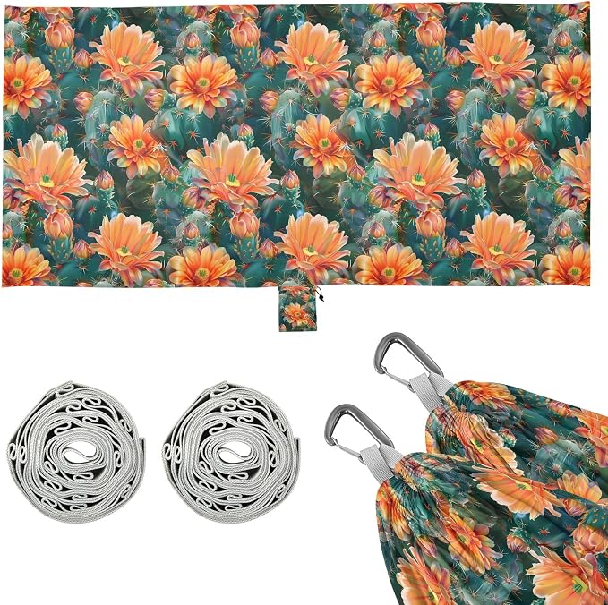 Camping Hammock Outdoor Hammocks for Outside Cactus Orange Flowers Beach Trees Portable Lightweight with Pockets Tree Straps Indoor