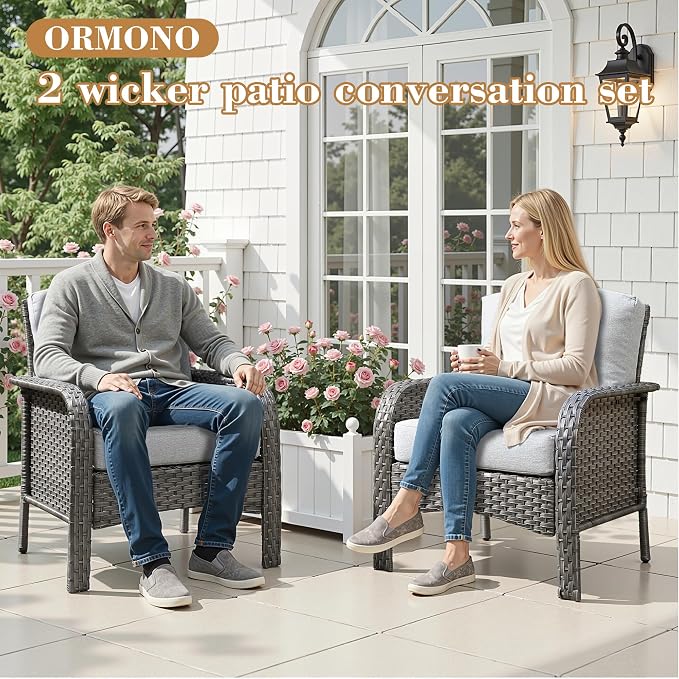 2 Pieces Patio Furniture Set, Two Single Chair Outdoor Furniture, All-Weather Rattan Wicker High Back Conversation Set of 2 for Small Space Porch, Backyard, Balcony, Grey