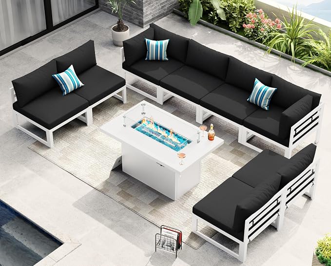 NICESOUL 8 People Large Luxury Aluminum Patio Conversation Set with Fire Pit Table Propane/Gas, 29" Deep Wide U Shaped Sectional Couch, 500 lbs Heavy Duty All Weather Outdoor Sofa for Backyard, Black